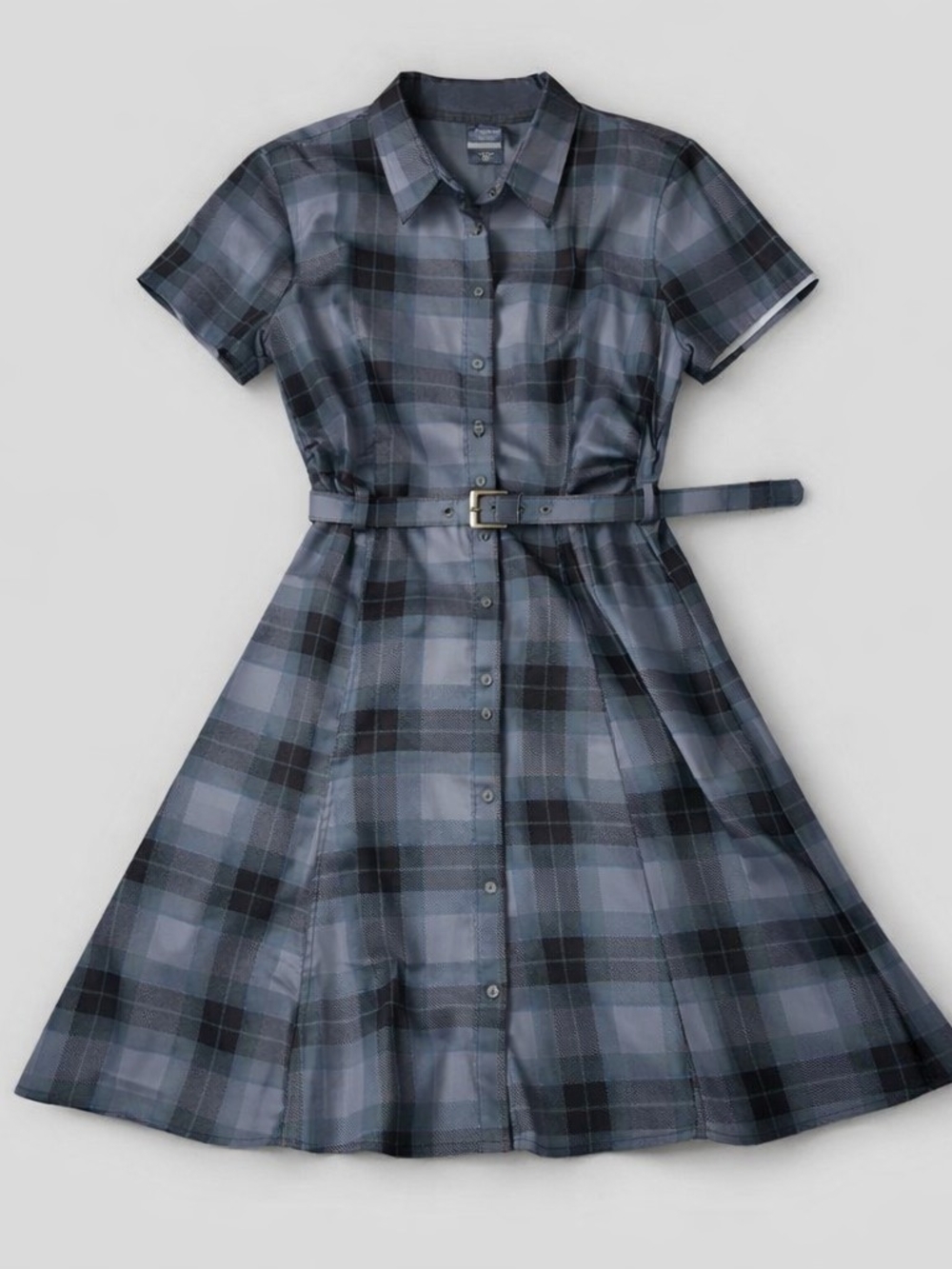 Hot Topic Outlander Series Button-Front Midi Shirt Dress with Belt - Gray Plaid